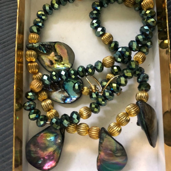 VTG  ABALONE NECKLACE W/ GOLD & GLASS FACETED BEADS 22" & MATCHING EARRINGS SET - Picture 16 of 17